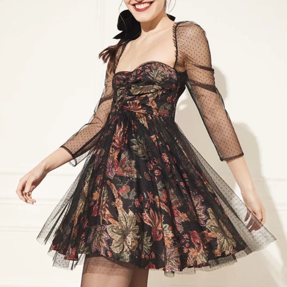 Cara Cara Black Floral Midi Dress with Sheer Polka Dot Sleeves